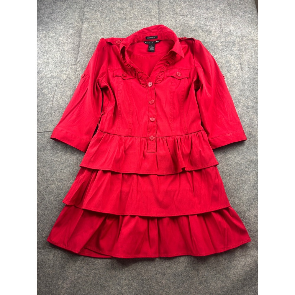Antilia Femme Red Tiered Ruffle Stretch Shirt Dress Collared Womens M Preppy Y2K